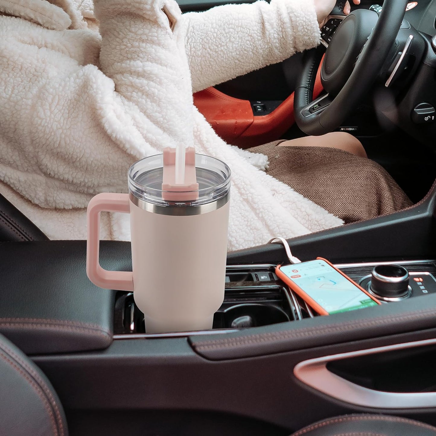 40 oz Tumbler with Handle and Straw Spill Proof Large Travel Coffee Mug Insulated Reusable Stainless Steel Cup with Lid Fit for Car Cup Holder(Rose Quartz)