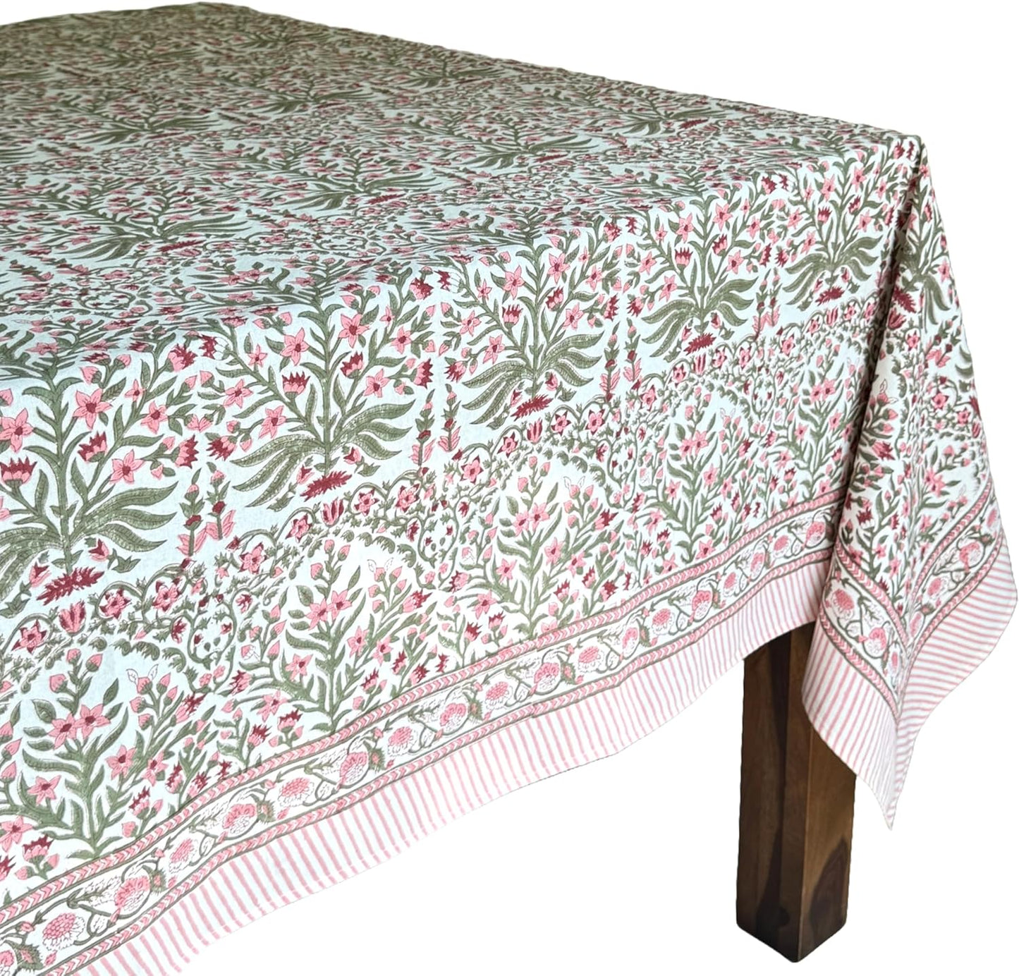ATOSII Nargis Pink 100% Cotton Tablecloth, Handblock Print Rectangle Table Cover for Kitchen Dining Linen I Parties, Thanksgiving, Weddings, Easter Spring Summer I 72 X 140 Inches I 12 Seater
