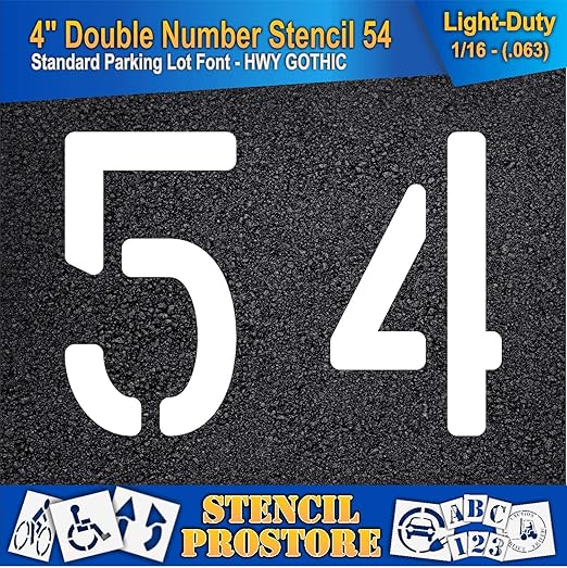 Pavement, Curb, and WheelStop Stencils - 4 inch Double Number Stencil - (54) - 4" x 5.5" x 1/16" (63 mil) - Light-Duty