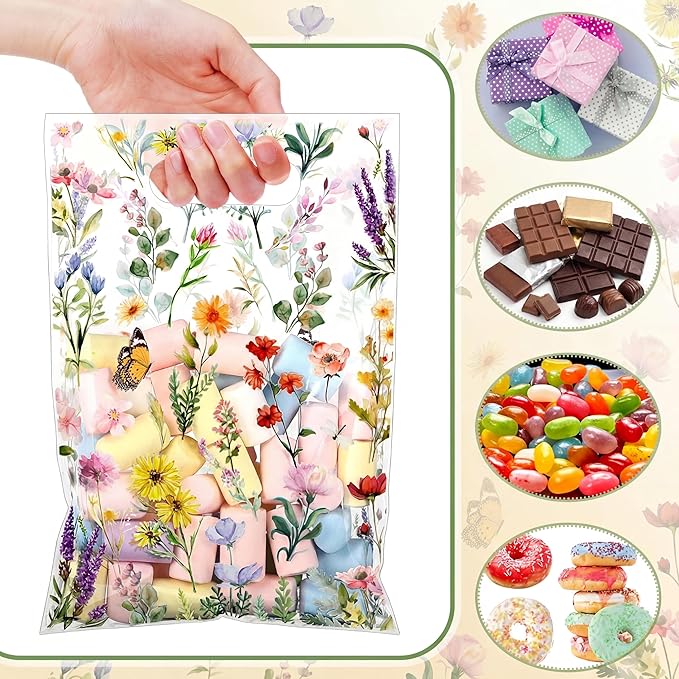 Bulyoou 100 Pcs Wildflower Gift Bags Vintage Wildflower Party Favor Bag with Handle Plastic Goodie Candy Treat Gift Wrapping for Wedding Baby Shower Birthday Party Favors Supplies(Vintage)