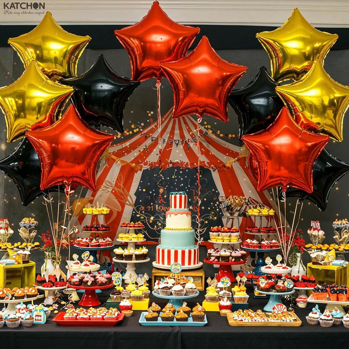 KatchOn, Huge, Red Black and Gold Star Balloons - 18 Inch, Pack of 12 | Red, Black and Gold Party Decorations, Star Foil Balloons | Carnival Decorations, Birthday Party Decorations, Casino Night Decor