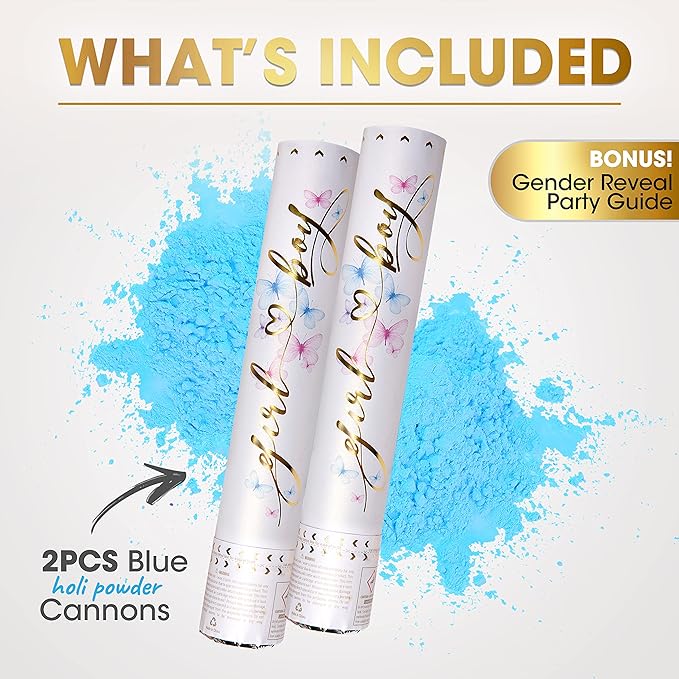 PrimePure Gender Reveal Confetti Cannon - Biodegradable Powder Cannons Smoke Bomb - Blue, 2 Pack - Party Poppers Baby Powder Blue Confetti Poppers for Baby Boy Gender Reveal Party