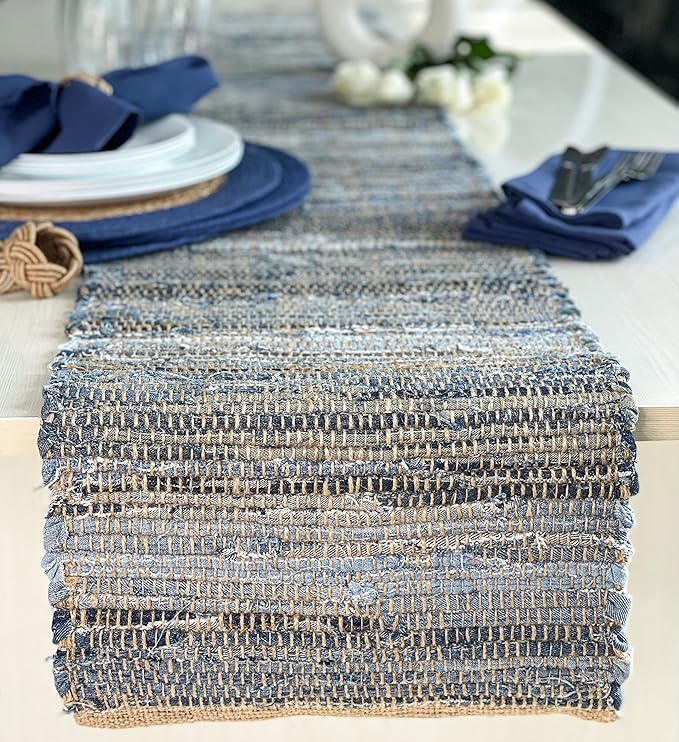 Chardin Home 14x72 Inch Handcrafted Table Runner – Natural Jute and Denim Chindi – Rustic Boho Farmhouse Table Decor – Sustainable Dining Table Accent for Everyday or Special Occasions