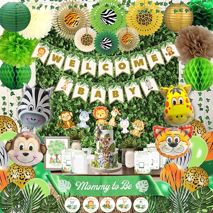 207 Pcs Safari Baby Shower Decorations for Boy Jungle Theme Baby Shower Decor - Banner, Animal Cutouts, Balloons, Paper Decorations, Guest Book, Leaves, Games, Sash