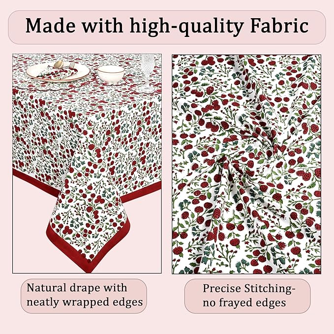 Ridhi Hand Block Print Garnet Red Rectangle Cotton Tablecloth 190" x 72" Reusable Table Cover Decorative Everyday Use for Dining, Farmhouse, Home Gift for Spring, Easter, Valentine