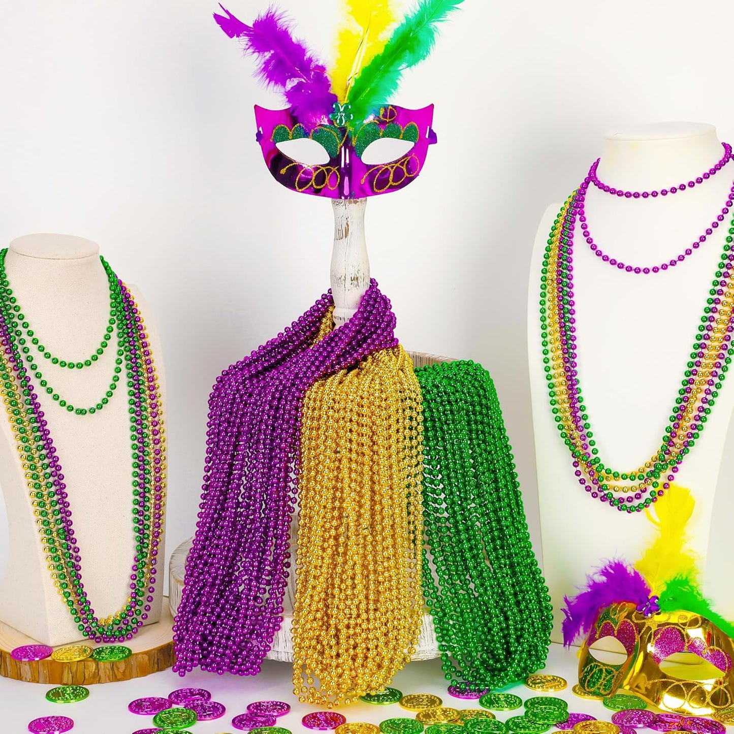 24PCS Mardi Gras Accessories, Mardi Gras Green Purple Gold Metallic Beads Necklaces Accessories Bulk, Mardi Gras Beads Necklace Costumes Women Men Kids for Parade Throws Party Decor Favor Supplies