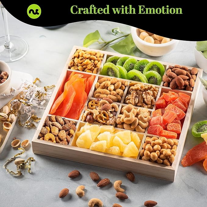 NUT CRAVINGS - Halloween Treats For Adults Dried Fruit & Mixed Nuts Gift Basket in Reusable Wooden Tray + Ribbon (12 Assortments) Holiday Xmas Christmas Food Arrangement, Healthy Snack Care Package,