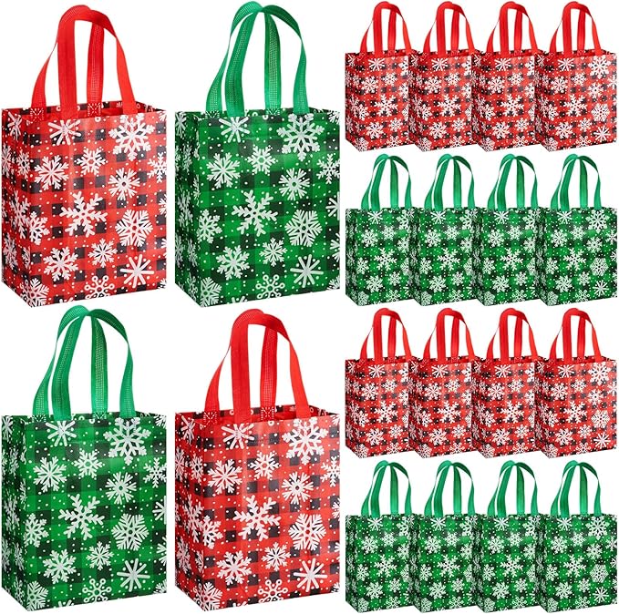 Wovnet 30 Pcs Christmas Bags Bulk Snowflake Plaid Winter Merchandise Gift Bags with Handles Reusable Non Woven Tote Shopping Goodie Pouch for Xmas Party Favors 10 x 8 x 4in