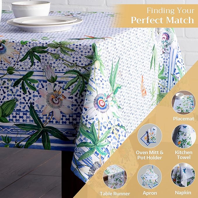 Maison d' Hermine Table Cloth Rectangle Table 100% Cotton 60 x 108 Inches Tablecloth Reusable Decorative for Dining Room Farmhouse Home Valentines Day Decorations Spring Summer - Passiflora