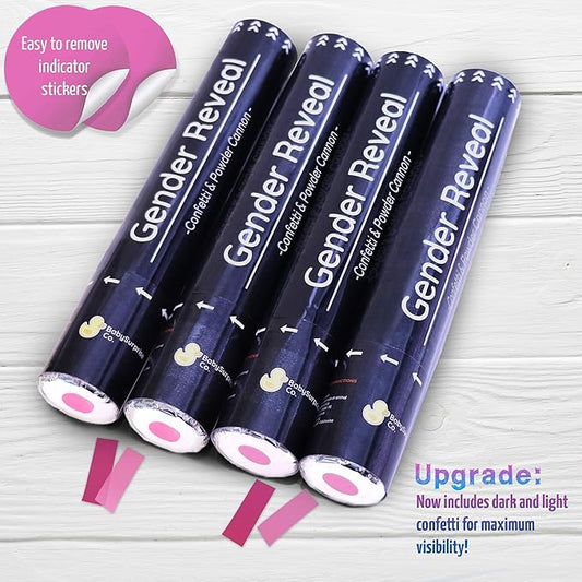 Gender Reveal Confetti Cannon 4 Pink Powder Smoke with 100% Non-Toxic, Food-Grade Corn Starch - Safe and Easy Compressed Air Party Popper - Bright Explosion for Photo Effect