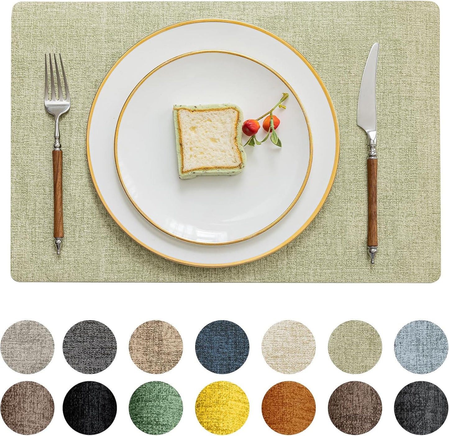 Romanstile Vinyl Placemats Set of 8-12 X 18 Inch - Heat Resistant Place Mats 100% Waterproof Oilproof Wipeable Reversible Faux Leather Table Mats for Kitchen/Dining/Party/Outdoor, Grass Green