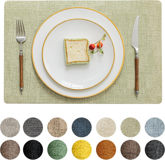 Romanstile Vinyl Placemats Set of 12-12 X 18 Inch - Heat Resistant Place Mats 100% Waterproof Oilproof Wipeable Reversible Faux Leather Table Mats for Kitchen/Dining/Party/Outdoor, Grass Green