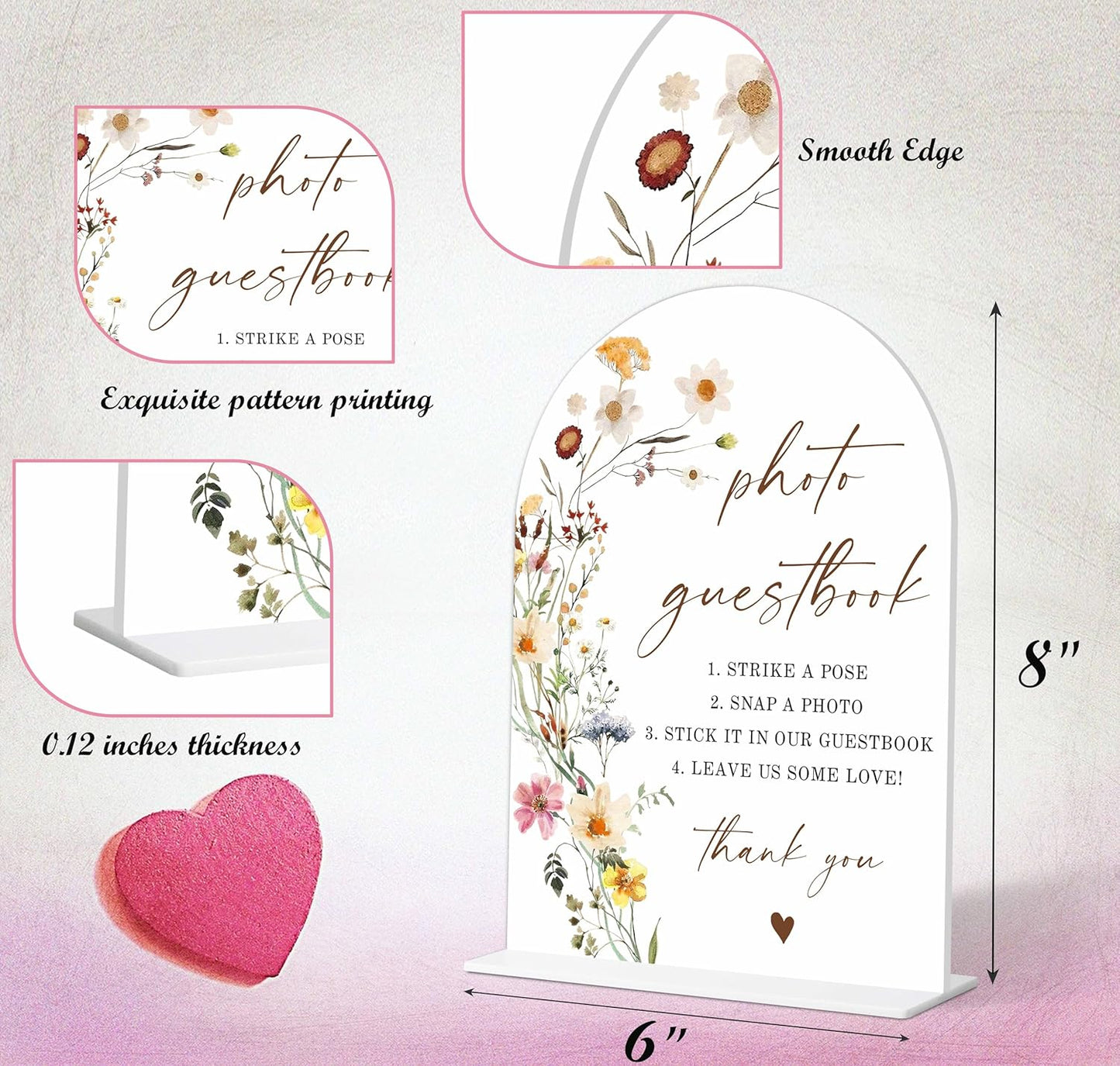 Photo Guest Book Sign, Wedding Guest Book Alternative, Flower Style Bridal Shower Signs for Engagement, Bridal Shower and Reception, Wedding Shower Favors, 6X8 Inch Acrylic Arch Sign with Stand,12