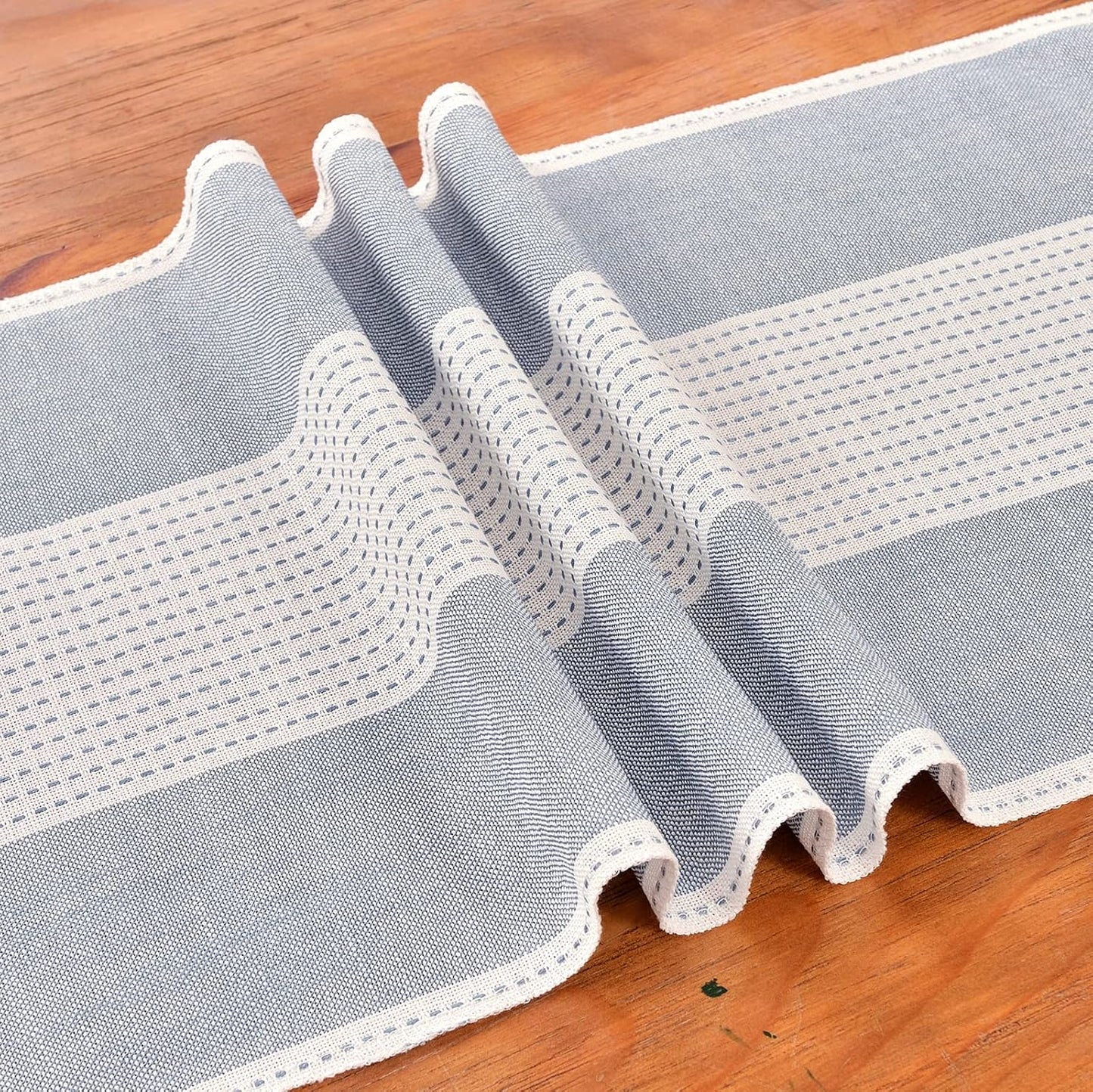 Wracra Linen Table Runner, Farmhouse Macrame Table Runners 108 Inches Long for Dining Table Decor, Wedding, Party and Dresser Decor (Blue,108")
