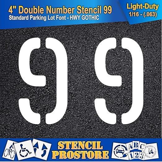 Pavement, Curb, and WheelStop Stencils - 4 inch Double Number Stencil - (99) - 4" x 5.5" x 1/16" (63 mil) - Light-Duty