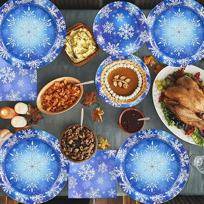 182PCS Winter Snowflake Frozen Birthday Party Supplies,Frozen Plates and Napkins Sets,for Christmas Winter Wonderland Party Supplies Table Decor, Serves 30