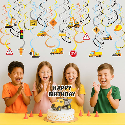 Construction Theme Hanging Swirl Decorations, 36PCS Construction Party Ceiling Streamers with Preassembled Hooks, Trucks, Helmets, Signs & More—for Birthdays, Events, or Work Zone Theme Decor