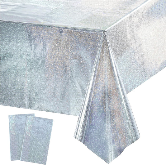 GREATRIL Party Table Cover Disposable Silver Table Cloths for Birthdays Ceremony Party Decorations Rectangle Tablecover 54'' x 108'' - 2 Packs