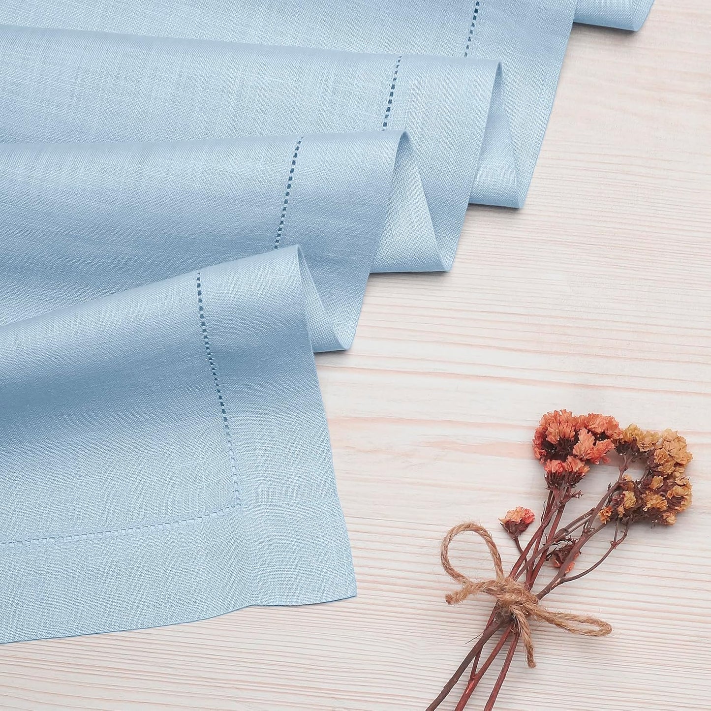 D'Moksha Homes Linen Powder Blue Table Runner 84 Inches Long - 100% Pure Linen Table Runner 14 x 84 Inch for Fall, Autumn and Halloween - Classic Hemstitch
