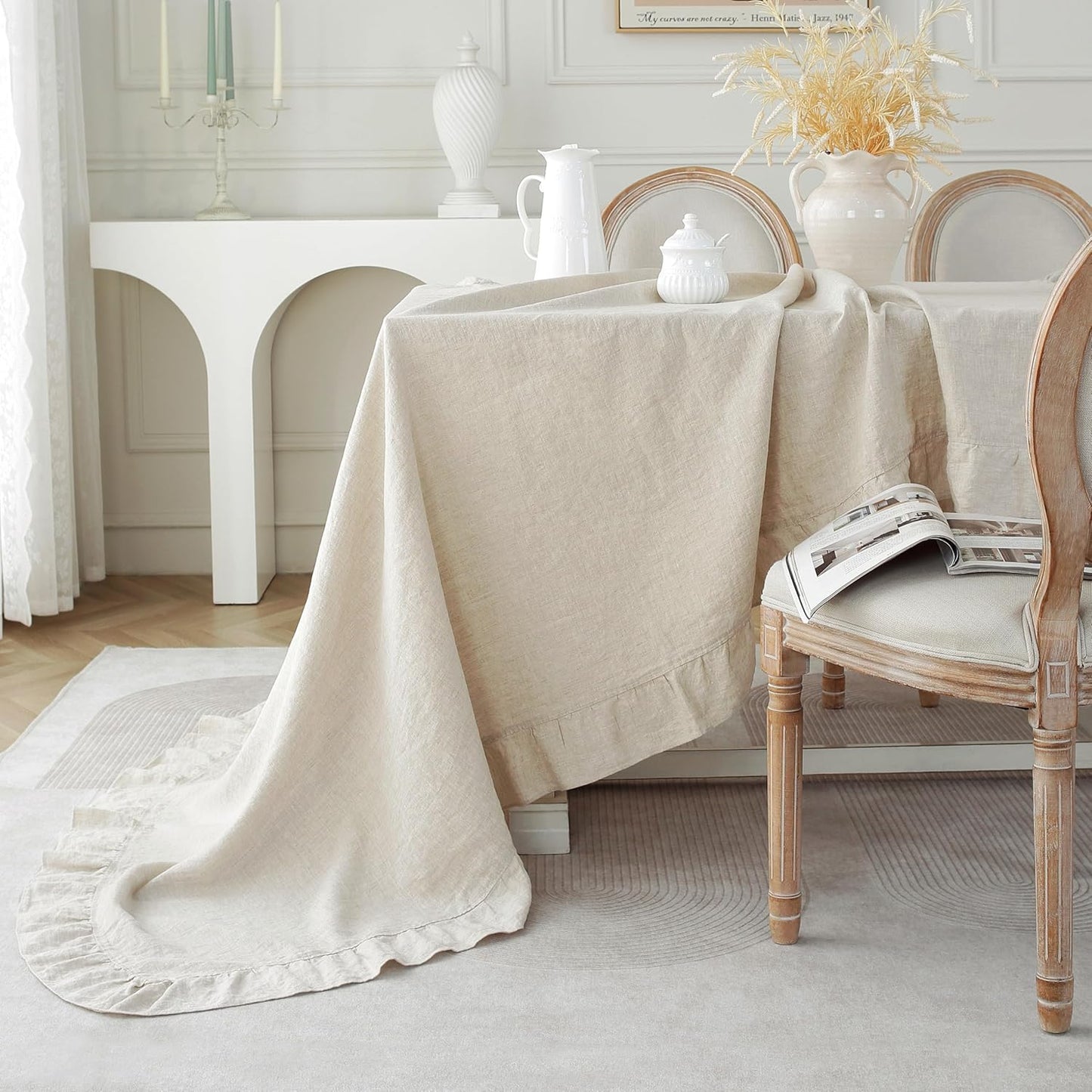 Linen World Ruffle Linen Tablecloth,100% French Linen Natural Tablecloth 132" x 90" Inch,Washable Rectangular Tablecloth for Dining,Outdoor,Weddings and Restaurants,Decorative Thanksgiving Christmas