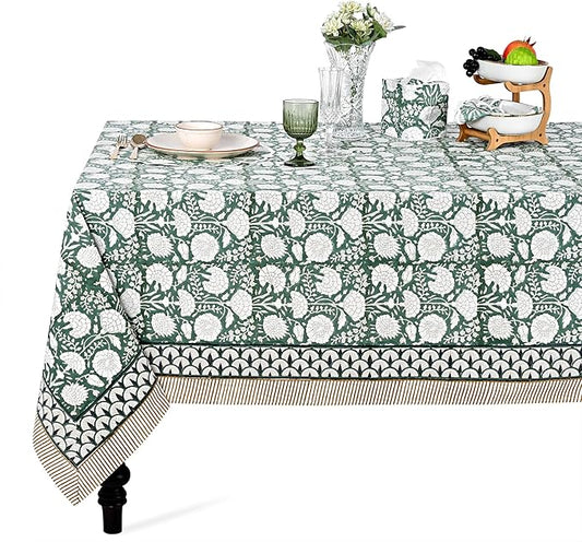 Ridhi Hand Block Print Turquoise Moss Green Rectangle Cotton Tablecloth 140" x 72" Reusable Table Cover Decorative Everyday Use for Dining, Farmhouse, Home Gift for Spring, Easter, Valentine