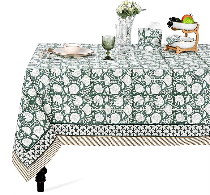 Ridhi Hand Block Print Turquoise Moss Green Rectangle Cotton Tablecloth 90" x 60" Reusable Table Cover Decorative Everyday Use for Dining, Farmhouse, Home Gift for Spring, Easter, Valentine