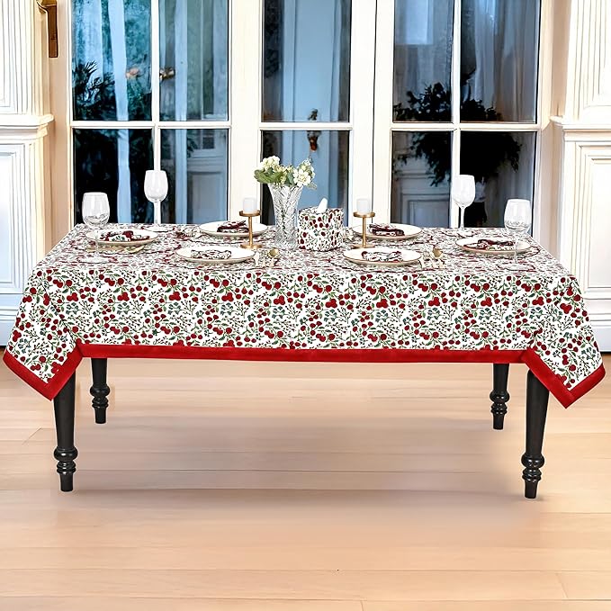 Ridhi Hand Block Print Garnet Red Rectangle Cotton Tablecloth 190" x 72" Reusable Table Cover Decorative Everyday Use for Dining, Farmhouse, Home Gift for Spring, Easter, Valentine