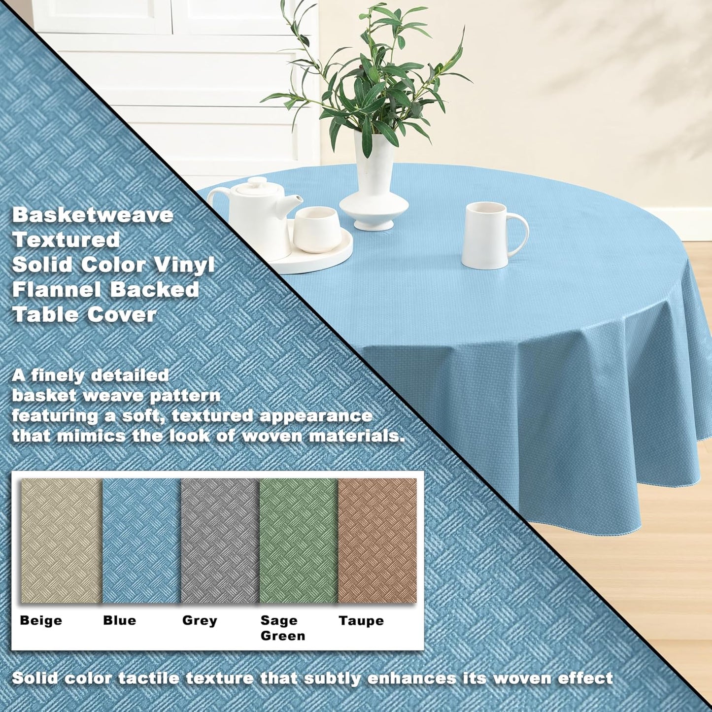 Newbridge Basketweave Vinyl Flannel Backed Tablecloth, 70 Inch Round, Blue, Basket Weave Textured Indoor Outdoor Waterproof Table Cover for Patio, Kitchen, Dining