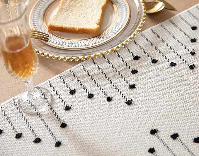 Boho Table Runner 13 x 72 Inch Long Natural Cotton Woven Runner with Tassels for Home Dining Table décor, for Modern Farmhouse Decor Coffee Table Runner, Black and Beige