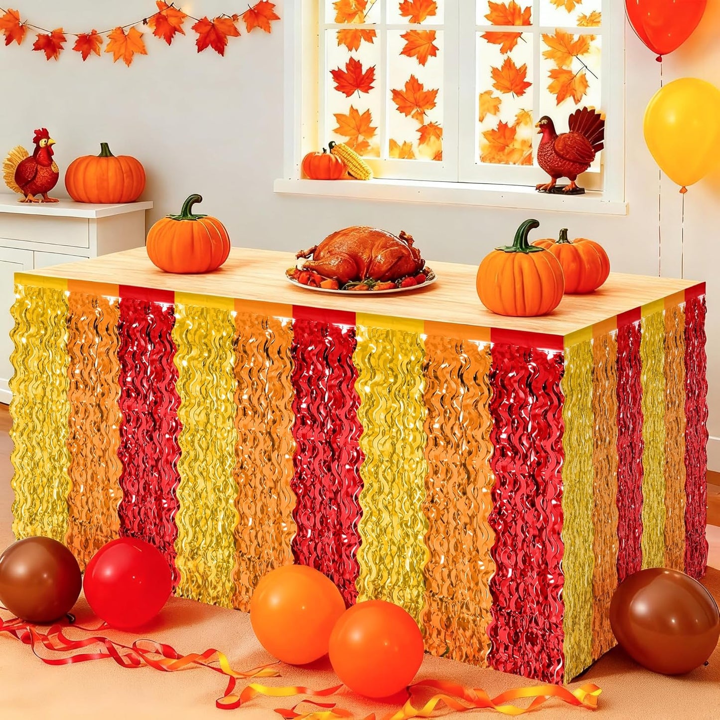 Thanksgiving Table Skirt Decor, 2 Pack Red Orange Gold Desk Skirts Decorations, Metallic Thanksgiving Wavy Tinsel Foil Fringe Table Skirts, Foli Table Skirt for Fall Holiday Party Backdrop Decor