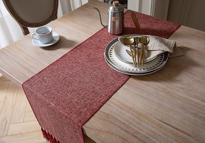 ZeeMart Red Table Runners 72 Inches Long, Burlap Linen Style Rustic Farmhouse Table Runner, Boho Woven Dining Table Runner, 13x72 Inches, Red