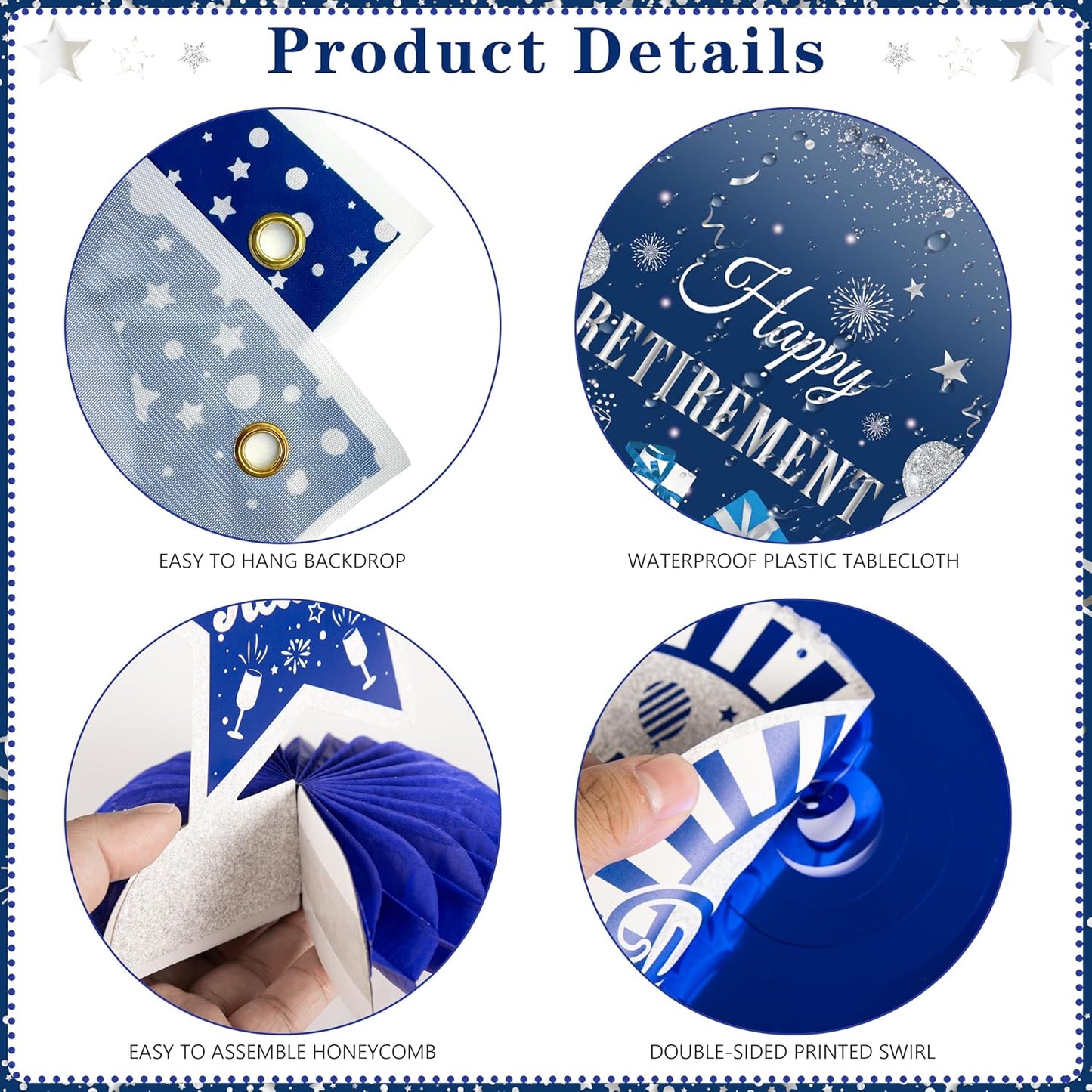 Retirement Party Decorations for Men Women 109Pcs Blue Silver Happy Retirement Decorations Include Banner Backdrop Balloons Sash Hanging Swirls Pompoms Tablecloth Honeycomb Centerpiece(Blue Silver)