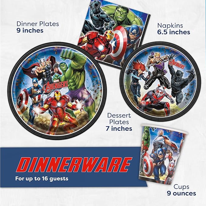Marvel Avengers Party Supplies and Decorations for Superhero Birthday Party, Serves 16 Guests, Perfect for Girls and Boys, Easy Setup and Takedown with Plates, Napkins and Cups