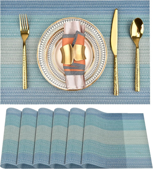 SLKQG Placemats Set of 6 - Easy Clean Washable Vinyl Placemats - Wipeable Heat Resistant Table Mats for Dining Table - 17.7x11.8 Inch (6, Blue Gradient)