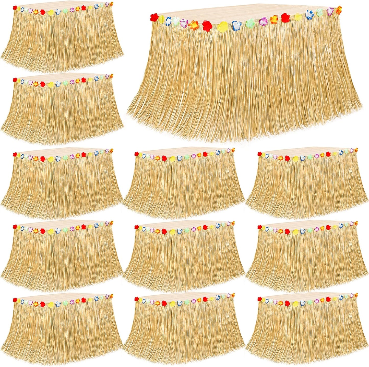 12PCS Luau Table Skirt Decor, Gold Hawaiian Themed Grass Table Skirt Decor, Luau Party 108 X 29.5" Flower Tropical Hula Dance Parties Supplies, Table Skirt for Hawaiian Summer Beach Themed Party