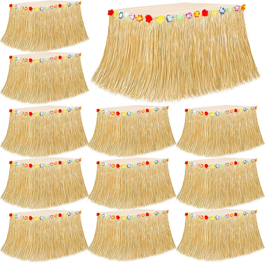 12PCS Luau Table Skirt Decor, Gold Hawaiian Themed Grass Table Skirt Decor, Luau Party 108 X 29.5" Flower Tropical Hula Dance Parties Supplies, Table Skirt for Hawaiian Summer Beach Themed Party