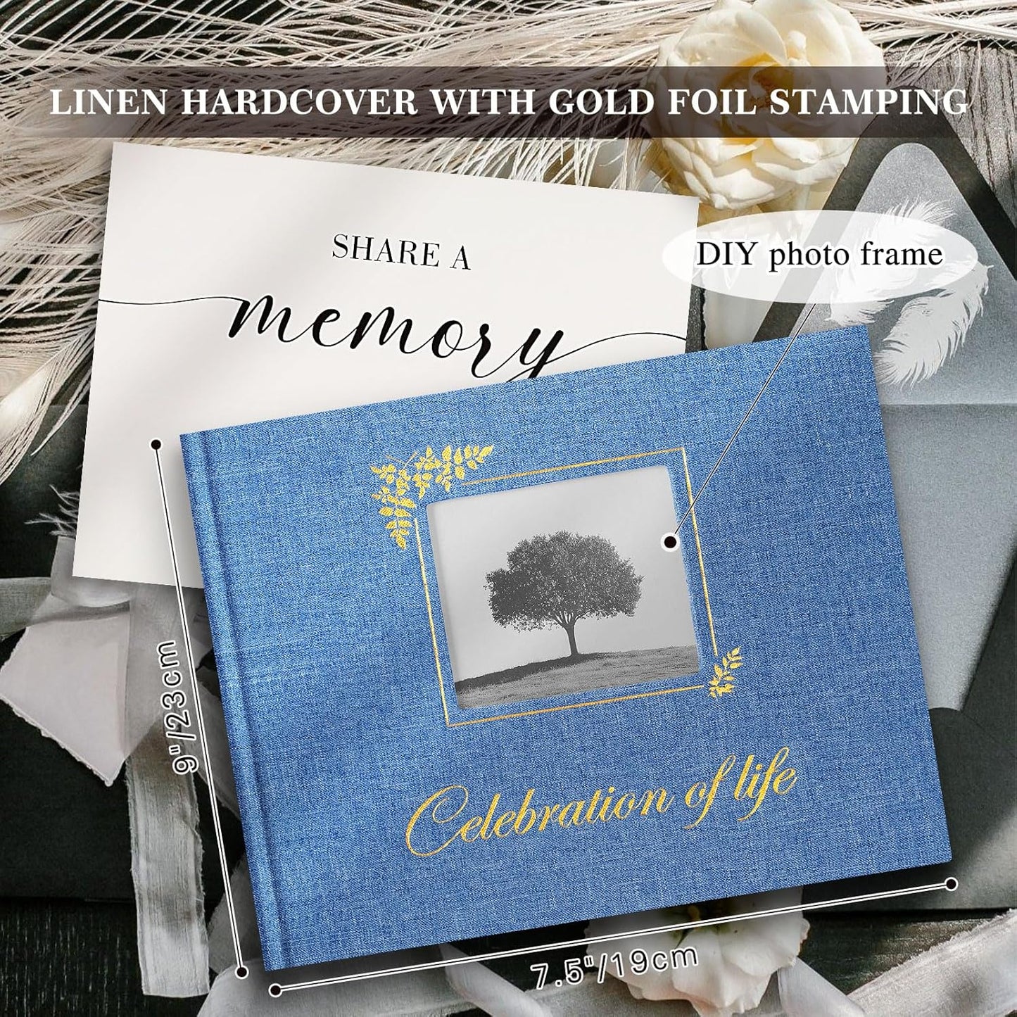 Lanpn Funeral Guest Book for Memorial Service, Linen Celebration of Life Registry Guest Book with Open Window, Memory Book for Funeral with Table Sign, Funeral Favors Sign in Books for Guests, Blue
