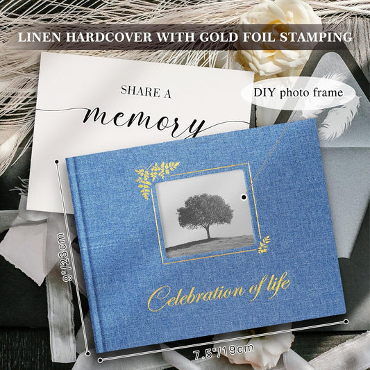 Lanpn Funeral Guest Book for Memorial Service, Linen Celebration of Life Registry Guest Book with Open Window, Memory Book for Funeral with Table Sign, Funeral Favors Sign in Books for Guests, Blue