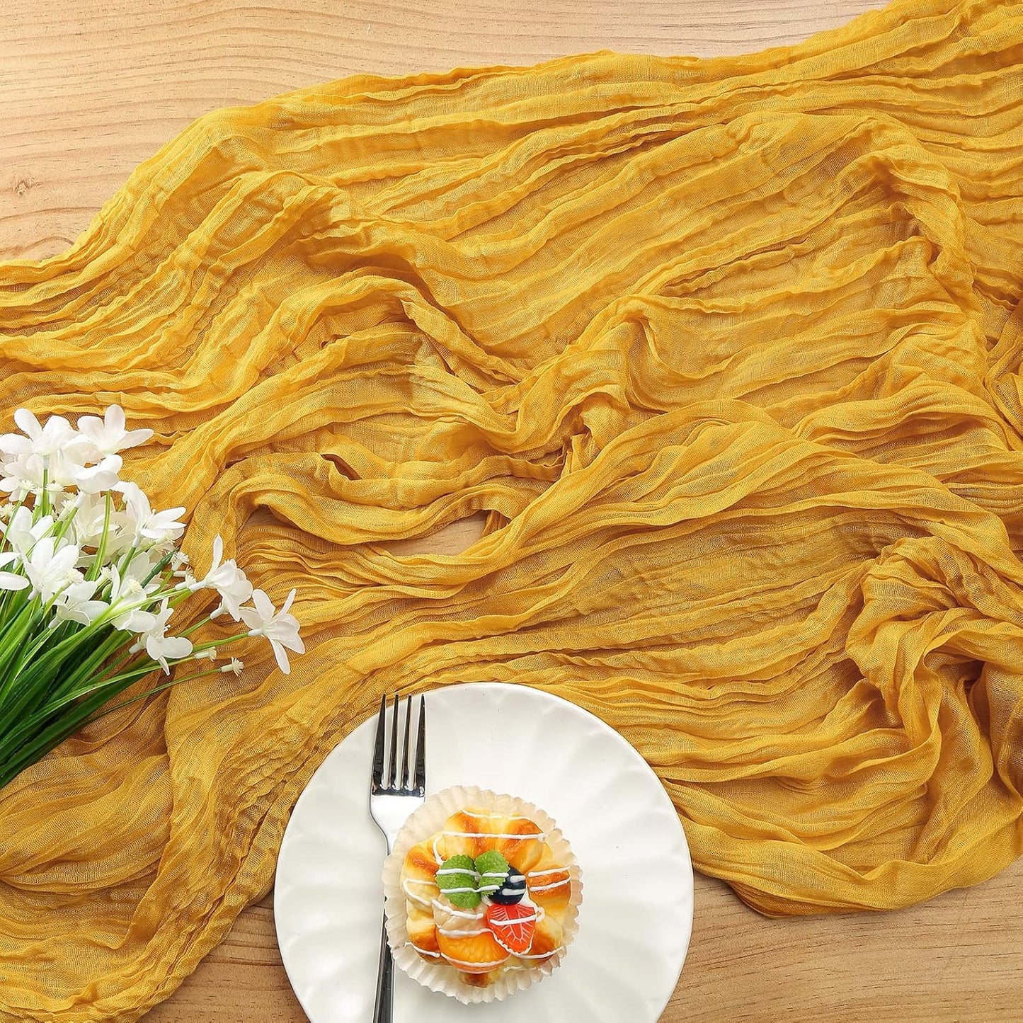 DOLOPL Mustard Yellow Cheesecloth Table Runner 13.3ft Boho Gauze Cheese Cloth Table Runner Rustic Sheer Runner 160inch Long for Wedding Bridal Baby Shower Birthday Party Cake Table Decorations