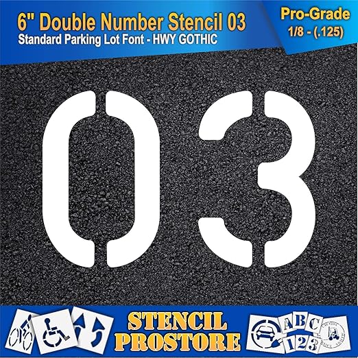 Pavement, Curb, and WheelStop Stencils - 6 inch Double Number Stencil - (03) - 6" x 9" x 1/8" (128 mil) - Pro-Grade