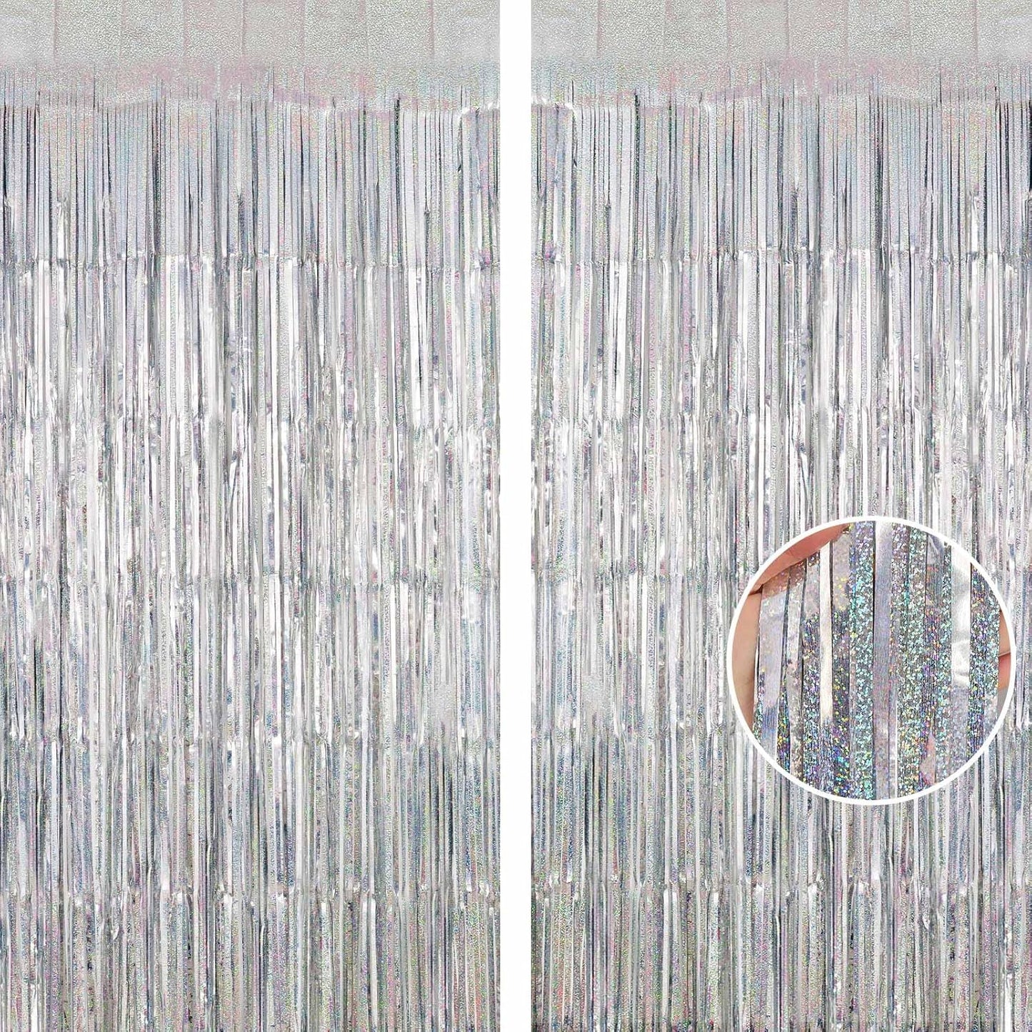 Silver Tinsel Foil Fringe Curtain Backdrop, 3.3 x 8.2 ft Metallic Glitter Curtain Streamers, 2 Pack Silver Photoboth for Birthday New Year Eve 2024 Disco Party Decorations