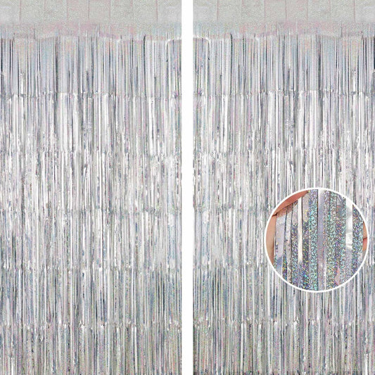 Silver Tinsel Foil Fringe Curtain Backdrop, 3.3 x 8.2 ft Metallic Glitter Curtain Streamers, 2 Pack Silver Photoboth for Birthday New Year Eve 2024 Disco Party Decorations