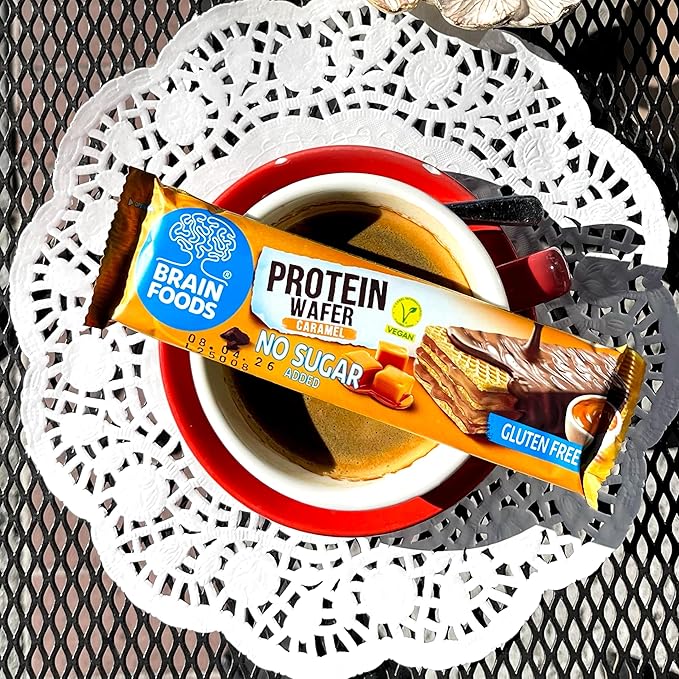 BRAIN FOODS Gluten Free Vegan Caramel Protein Wafers - 12 Bars, No Sugar Added, 8 grams Protein, No Palm Oil, 1.4 oz, 210 Calories, Guilt Free Snack, Natural Caramel Flavoring
