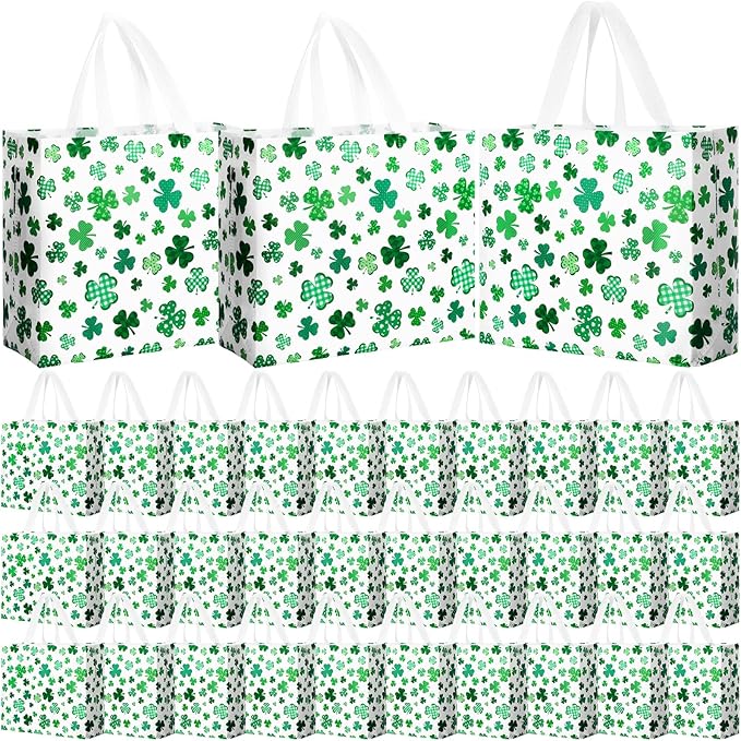 Abbylike 30 Pcs St Patrick's Day Lucky Gift Bag Large Irish Gift Bags Shamrock Candy Green Non Woven Bags for Party Favor
