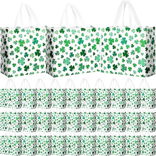 Abbylike 30 Pcs St Patrick's Day Lucky Gift Bag Large Irish Gift Bags Shamrock Candy Green Non Woven Bags for Party Favor