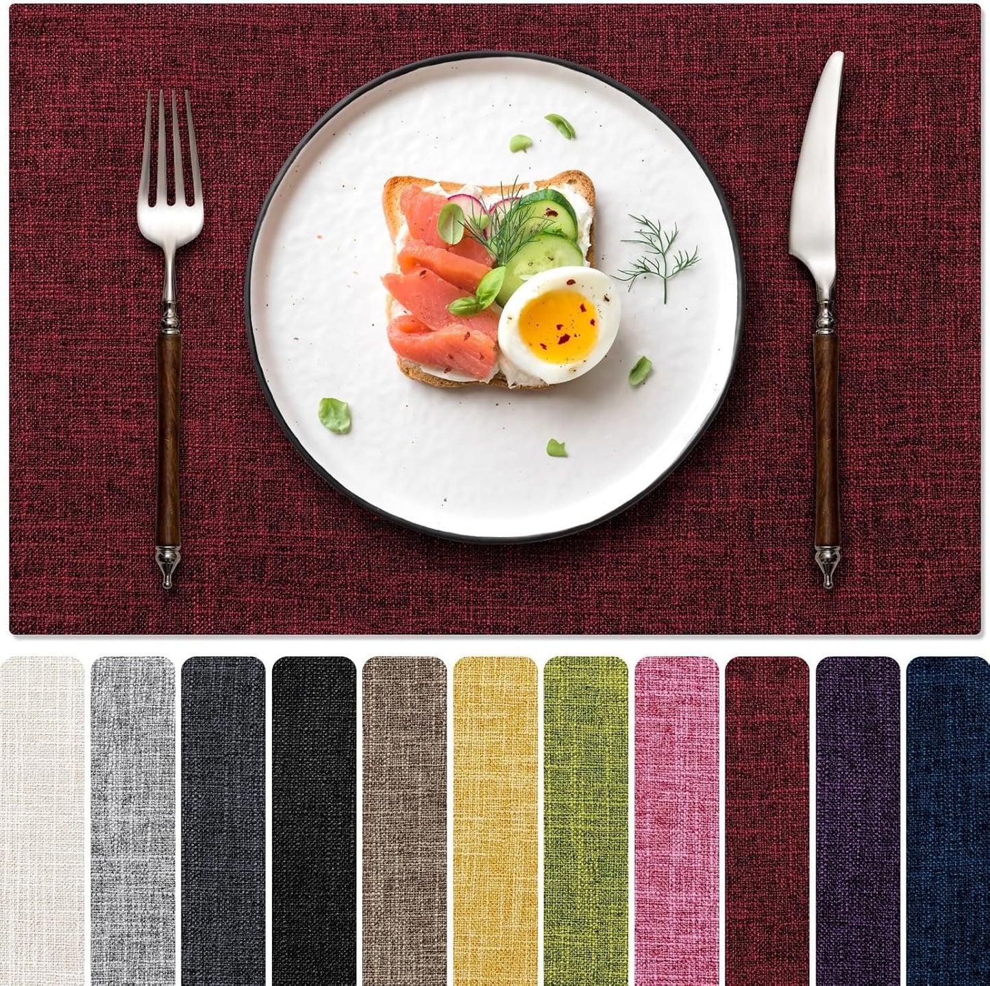 Blue Forest Placemats Set of 8, Dual-Layered Thickened Faux Linen Cloth Place Mats Heat Resistant Machine Washable Wrinkle Free Table Mats Indoor/Outdoor (Red)