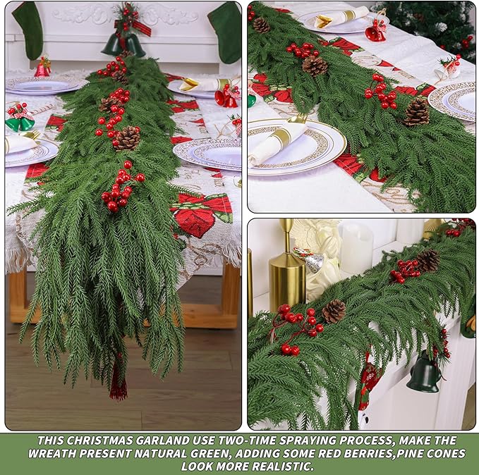 2 Pack 6FT Christmas Norfolk Pine Garlands with Pine Cone Real Touch Christmas Garland Artificial Greenery Garland for Fireplace, Table, Wall, Stairs, Outdoor Holiday Décor