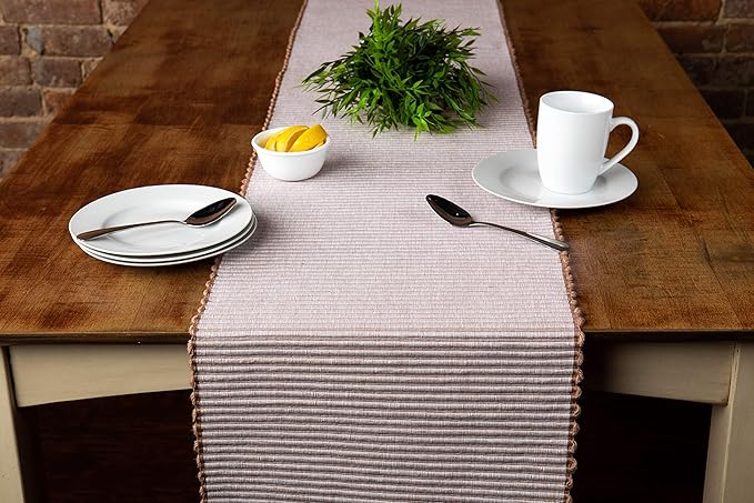 Sticky Toffee Cotton Table Runner 14x72 in – Tan Woven Ribbed Farmhouse Boho Décor for Kitchen or Dining Table, Oeko-Tex