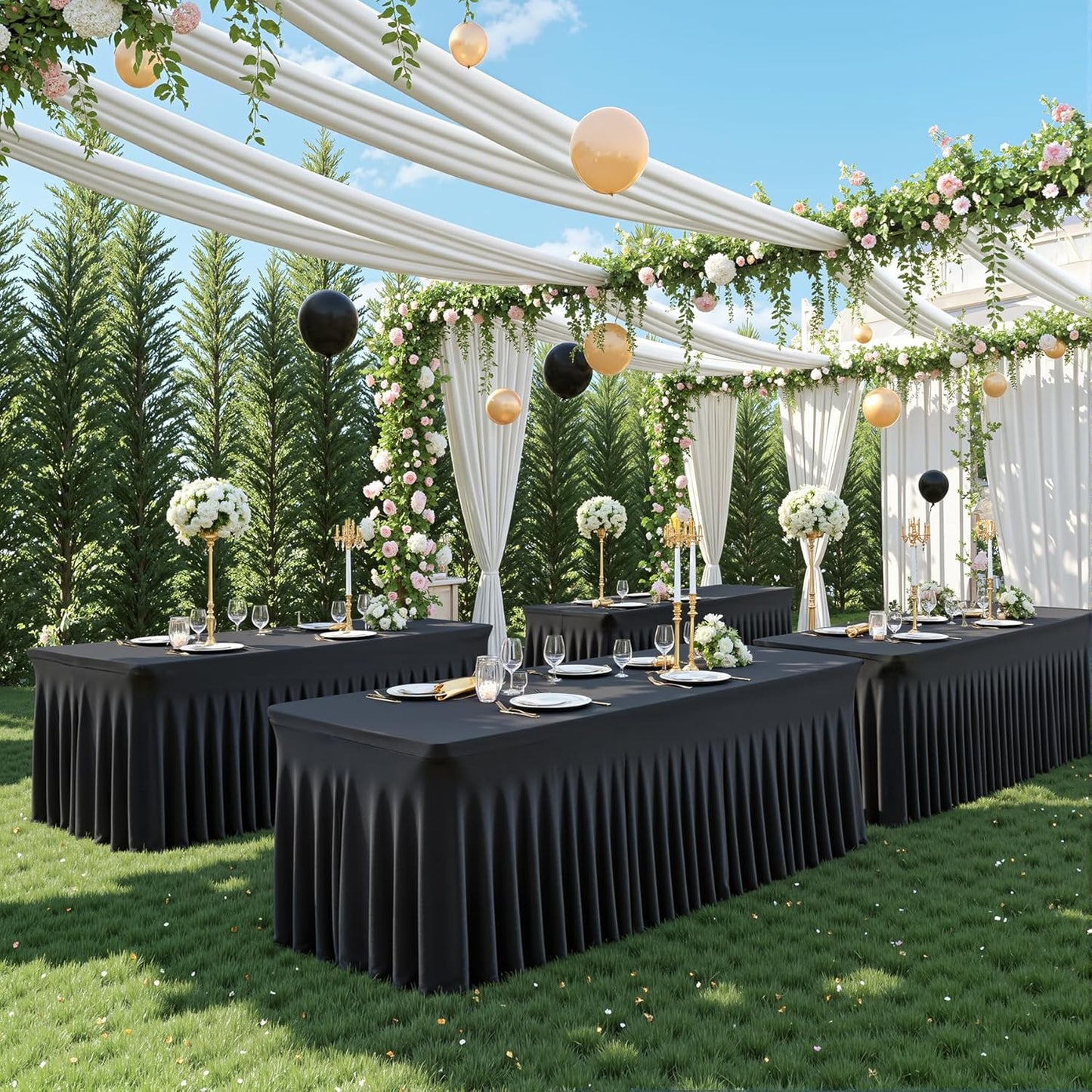 4 Pack 6ft Black Spandex Tablecloths for Rectangle Tables Wrinkle Free Black Rectangle Table Cloths Stretch Fitted Table Cover with Skirt for Wedding Birthday Party Banquet Baby Shower Buffet Event