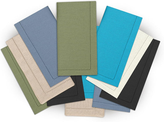 Ruvanti Premium Linen Napkins Set of 12-20x20 Inch, Classic Hemstitch, Mitered Corner Cloth Napkins - Soft, Elegant Dinner Napkins Cloth Washable for Weddings, Parties, Everyday Use - Multi Color